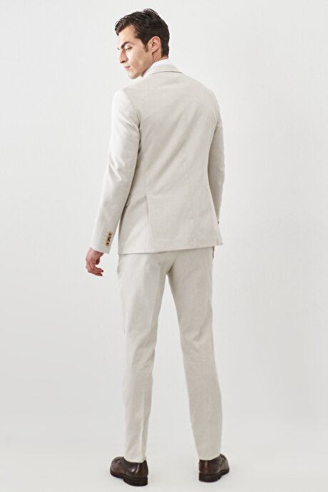 Slim Fit Dar Kesim Mono Yaka Diyagonal Desenli Pamuklu Bej Takım Elbise resmi