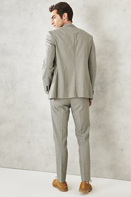Slim Fit Dar Kesim Mono Yaka Armürlü Diyagonal Desenli Haki Takım Elbise resmi