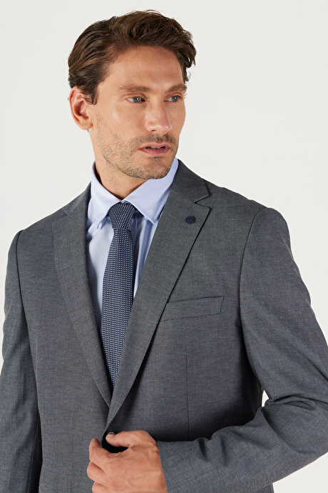 Slim Fit Dar Kesim Mono Yaka Armürlü Antrasit Takım Elbise resmi