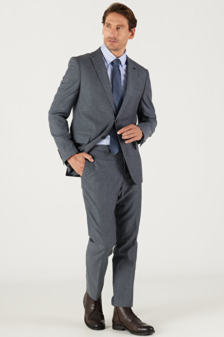 Slim Fit Dar Kesim Mono Yaka Armürlü Antrasit Takım Elbise resmi