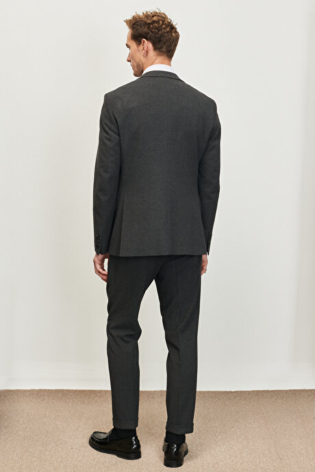 Slim Fit Dar Kesim Kırlangıç Yaka Desenli Antrasit Takım Elbise resmi