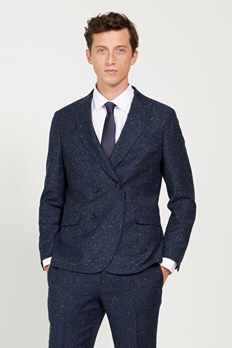 Slim Fit Dar Kesim Kırlangıç Yaka Tweet Desenli Yünlü Lacivert Takım Elbise resmi