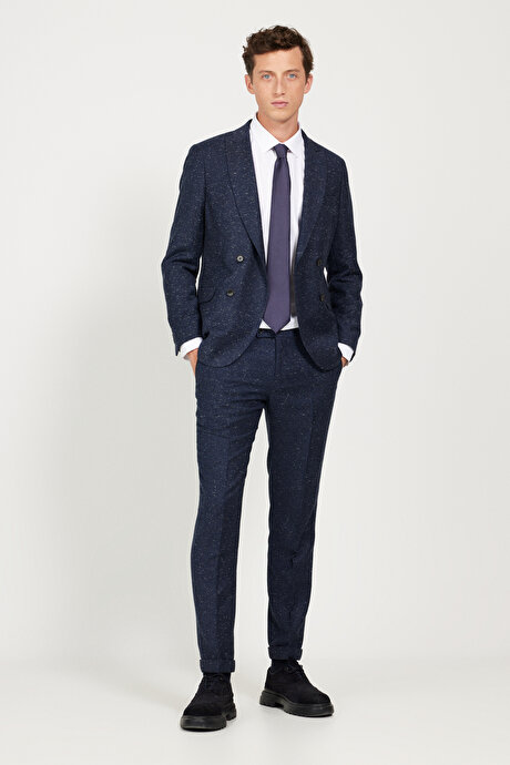 Slim Fit Dar Kesim Kırlangıç Yaka Tweet Desenli Yünlü Lacivert Takım Elbise resmi