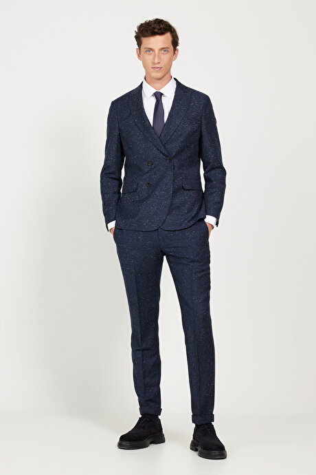 Slim Fit Dar Kesim Kırlangıç Yaka Tweet Desenli Yünlü Lacivert Takım Elbise resmi