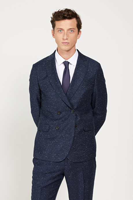 Slim Fit Dar Kesim Kırlangıç Yaka Tweet Desenli Yünlü Lacivert Takım Elbise resmi