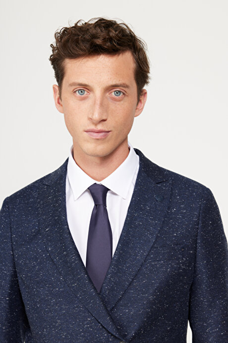 Slim Fit Dar Kesim Kırlangıç Yaka Tweet Desenli Yünlü Lacivert Takım Elbise resmi