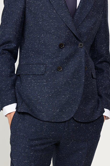 Slim Fit Dar Kesim Kırlangıç Yaka Tweet Desenli Yünlü Lacivert Takım Elbise resmi