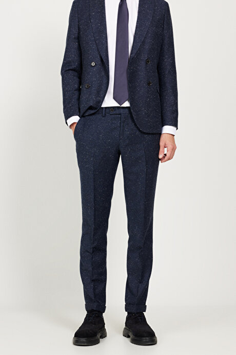 Slim Fit Dar Kesim Kırlangıç Yaka Tweet Desenli Yünlü Lacivert Takım Elbise resmi