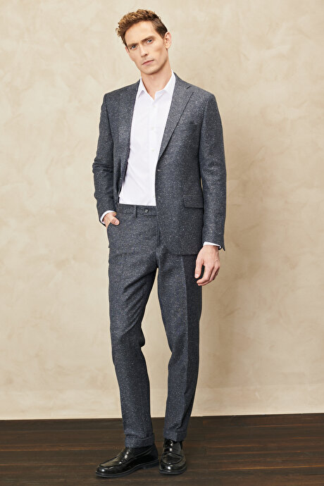 Slim Fit Dar Kesim Mono Yaka Tweet Desenli Yünlü Antrasit Takım Elbise resmi