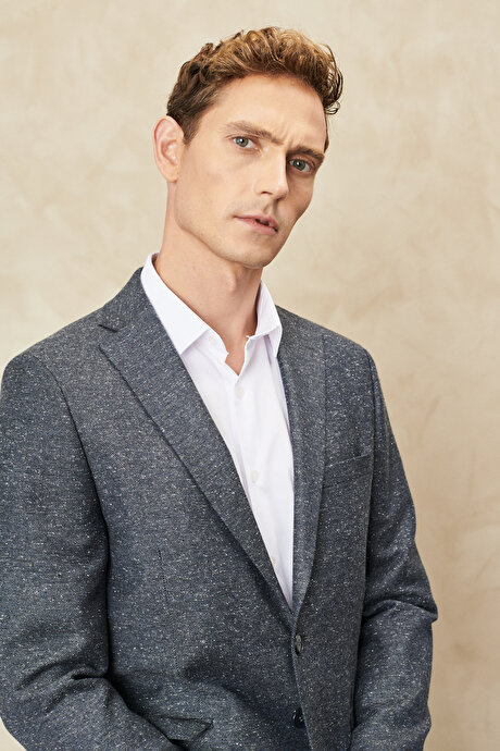 Slim Fit Dar Kesim Mono Yaka Tweet Desenli Yünlü Antrasit Takım Elbise resmi