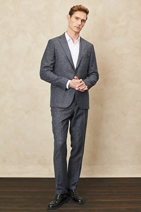 Slim Fit Dar Kesim Mono Yaka Tweet Desenli Yünlü Antrasit Takım Elbise resmi