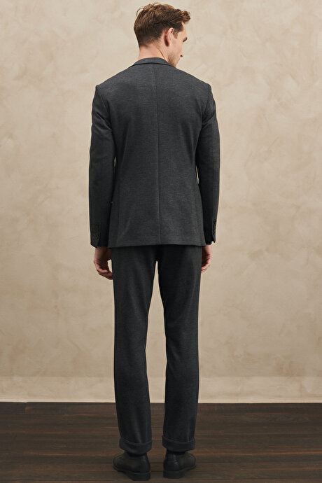 Slim Fit Dar Kesim Mono Yaka Diyagonal Desenli Antrasit Takım Elbise resmi