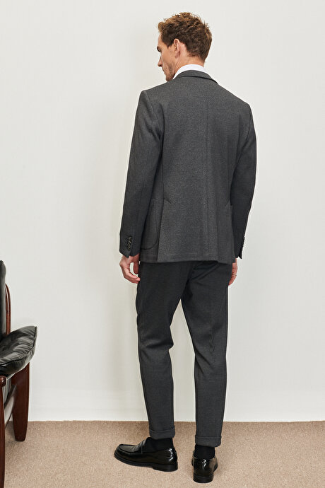 Ekstra Slim Fit Dar Kesim Kırlangıç Yaka Diyagonal Desenli Antrasit Takım Elbise resmi