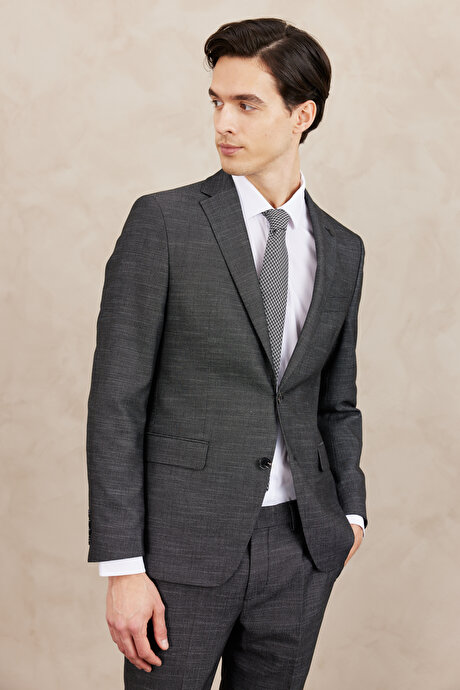 Slim Fit Dar Kesim Mono Yaka Desenli Siyah-Beyaz Takım Elbise resmi