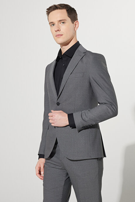 Ekstra Slim Fit Dar Kesim Mono Yaka Yünlü Kareli Gri Takım Elbise resmi