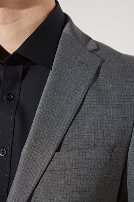 Ekstra Slim Fit Dar Kesim Mono Yaka Yünlü Kareli Gri Takım Elbise resmi