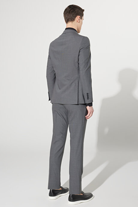 Ekstra Slim Fit Dar Kesim Mono Yaka Yünlü Kareli Gri Takım Elbise resmi