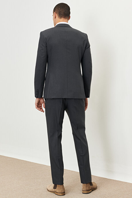 Slim Fit Dar Kesim Mono Yaka Kareli Koyu Gri Takım Elbise resmi