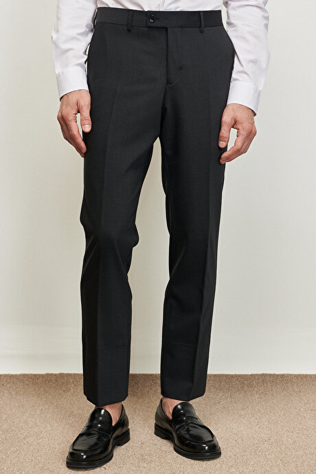 Slim Fit Dar Kesim Mono Yaka Kareli Yünlü Antrasit Takım Elbise resmi