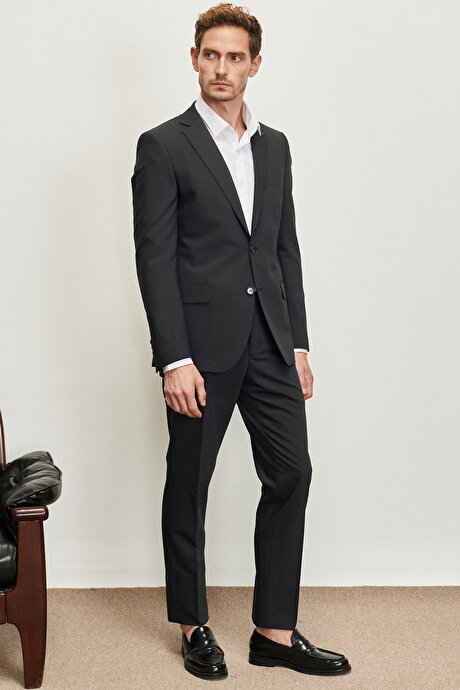 Slim Fit Dar Kesim Mono Yaka Kareli Yünlü Antrasit Takım Elbise resmi