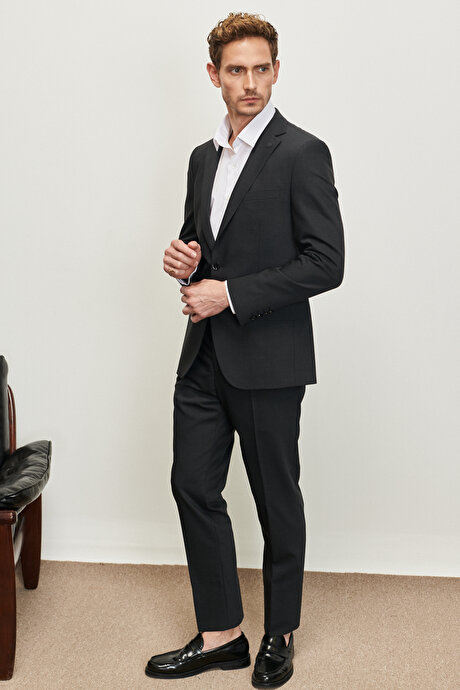 Slim Fit Dar Kesim Mono Yaka Kareli Yünlü Antrasit Takım Elbise resmi