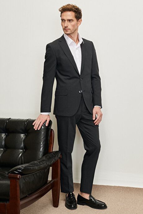 Slim Fit Dar Kesim Mono Yaka Kareli Yünlü Antrasit Takım Elbise resmi