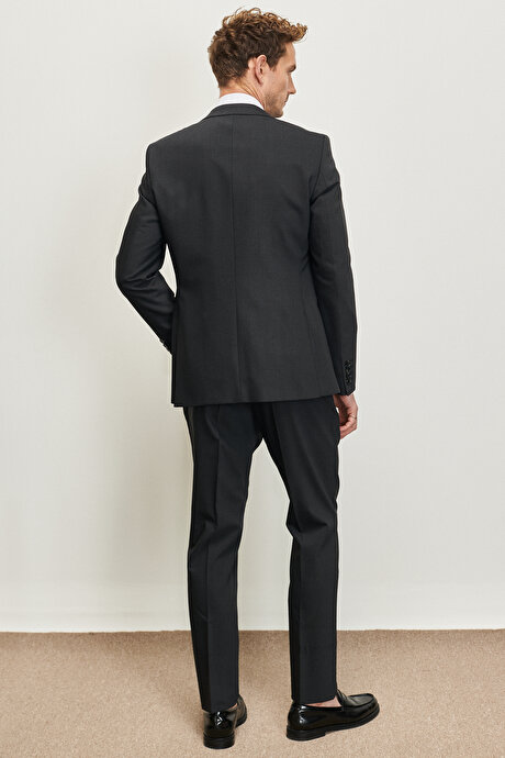 Slim Fit Dar Kesim Mono Yaka Kareli Yünlü Antrasit Takım Elbise resmi