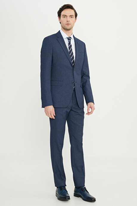 Slim Fit Dar Kesim Mono Yaka Desenli Lacivert-Mavi Takım Elbise resmi