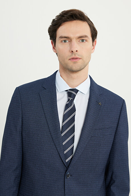 Slim Fit Dar Kesim Mono Yaka Desenli Lacivert-Mavi Takım Elbise resmi