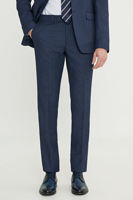 Slim Fit Dar Kesim Mono Yaka Desenli Lacivert-Mavi Takım Elbise resmi