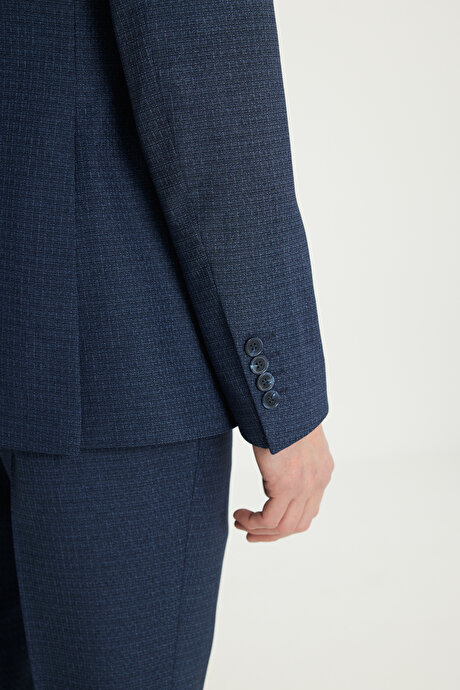 Slim Fit Dar Kesim Mono Yaka Desenli Lacivert-Mavi Takım Elbise resmi