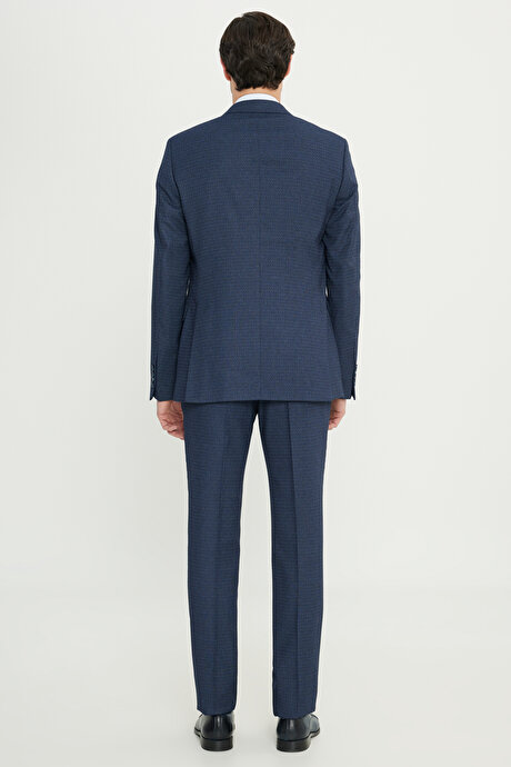 Slim Fit Dar Kesim Mono Yaka Desenli Lacivert-Mavi Takım Elbise resmi