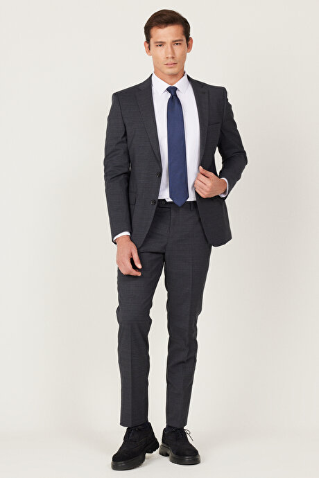 Ekstra Slim Fit Dar Kesim Mono Yaka Desenli Antrasit-Lacivert Takım Elbise resmi