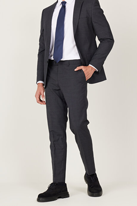 Ekstra Slim Fit Dar Kesim Mono Yaka Desenli Antrasit-Lacivert Takım Elbise resmi