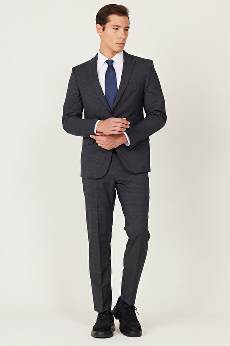 Ekstra Slim Fit Dar Kesim Mono Yaka Desenli Antrasit-Lacivert Takım Elbise resmi