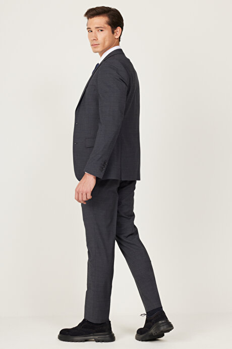 Ekstra Slim Fit Dar Kesim Mono Yaka Desenli Antrasit-Lacivert Takım Elbise resmi
