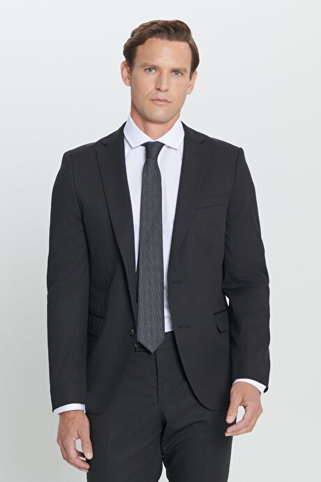 Slim Fit Dar Kesim Mono Yaka Siyah Takım Elbise resmi