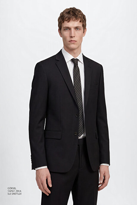 Slim Fit Dar Kesim Mono Yaka Siyah Takım Elbise resmi