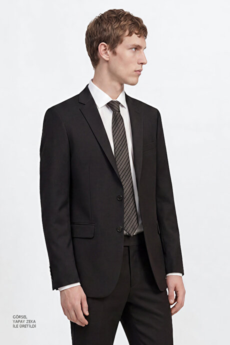 Slim Fit Dar Kesim Mono Yaka Siyah Takım Elbise resmi