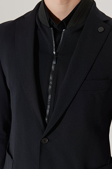 Slim Fit Dar Kesim İtalyan Kumaş Ekstra Rahat Tüylenme Yapmayan Mono Yaka Siyah Takım Elbise resmi