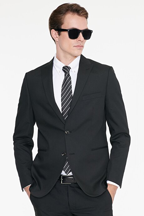Ekstra Slim Fit Dar Kesim Kırlangıç Yaka Siyah Takım Elbise resmi