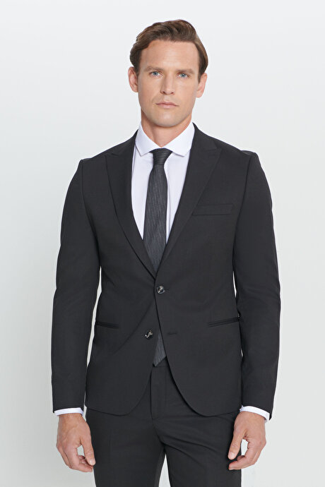 Ekstra Slim Fit Dar Kesim Kırlangıç Yaka Siyah Takım Elbise resmi