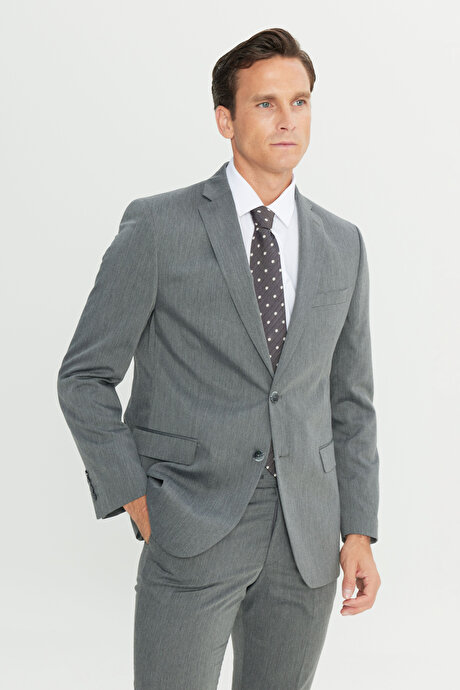Slim Fit Dar Kesim Mono Yaka Gri Takım Elbise resmi