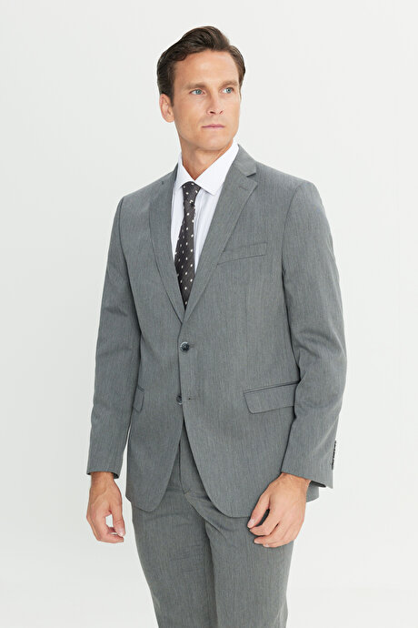 Slim Fit Dar Kesim Mono Yaka Gri Takım Elbise resmi