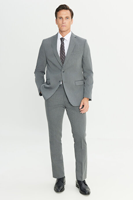 Slim Fit Dar Kesim Mono Yaka Gri Takım Elbise resmi