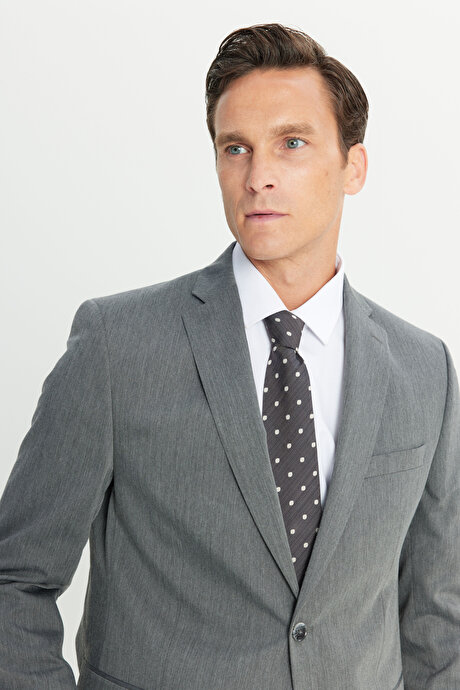 Slim Fit Dar Kesim Mono Yaka Gri Takım Elbise resmi
