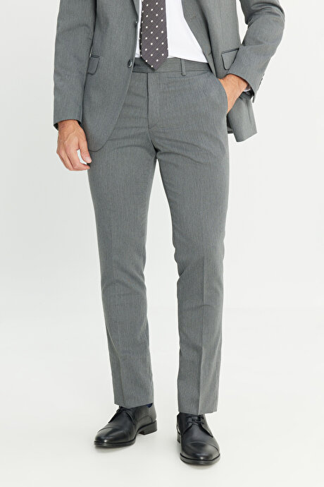 Slim Fit Dar Kesim Mono Yaka Gri Takım Elbise resmi