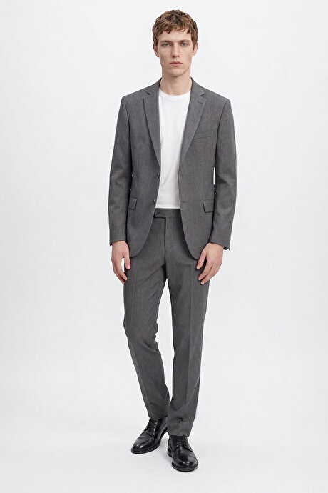 Slim Fit Dar Kesim Mono Yaka Gri Takım Elbise resmi
