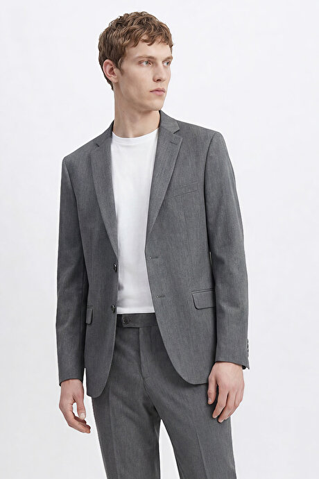 Slim Fit Dar Kesim Mono Yaka Gri Takım Elbise resmi