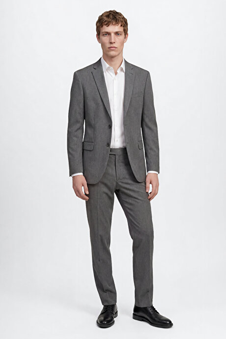Slim Fit Dar Kesim Mono Yaka Gri Takım Elbise resmi